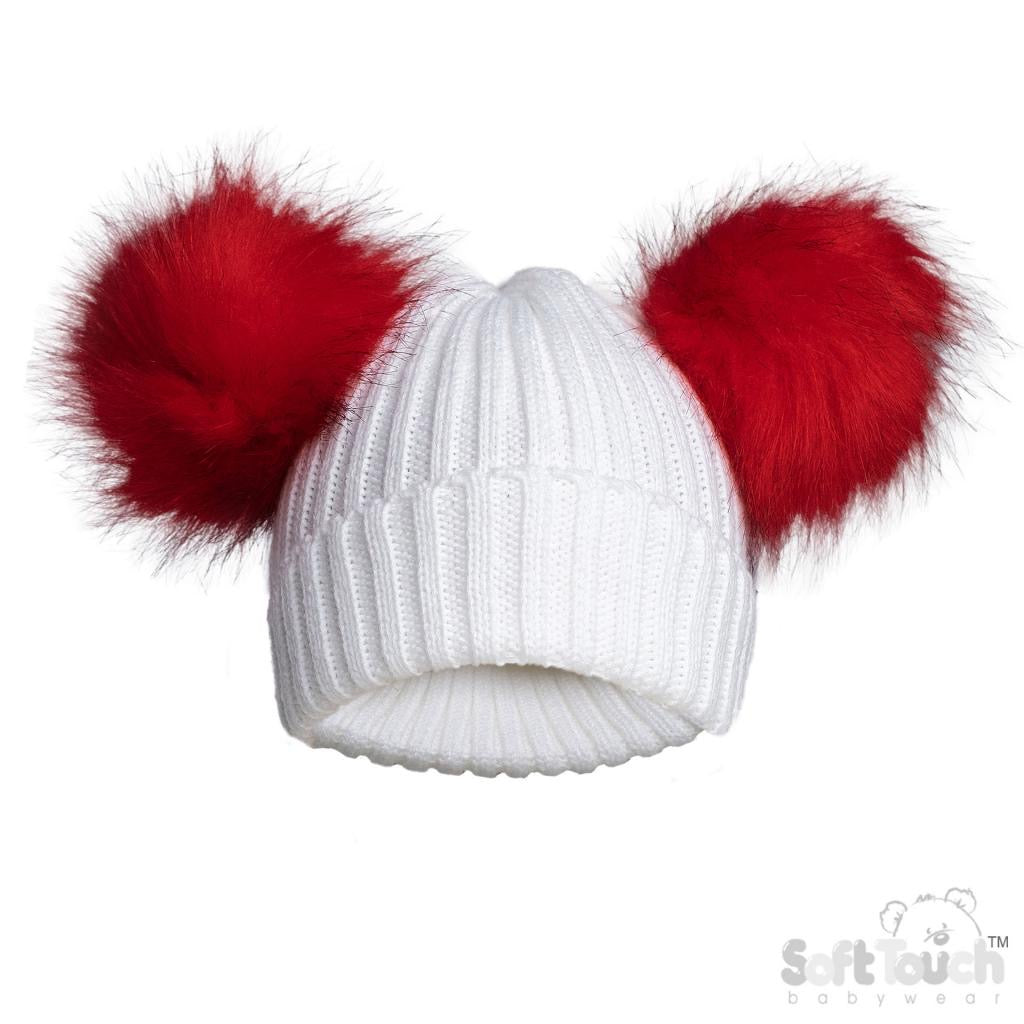 RED & WHITE DOUBLE POM HAT