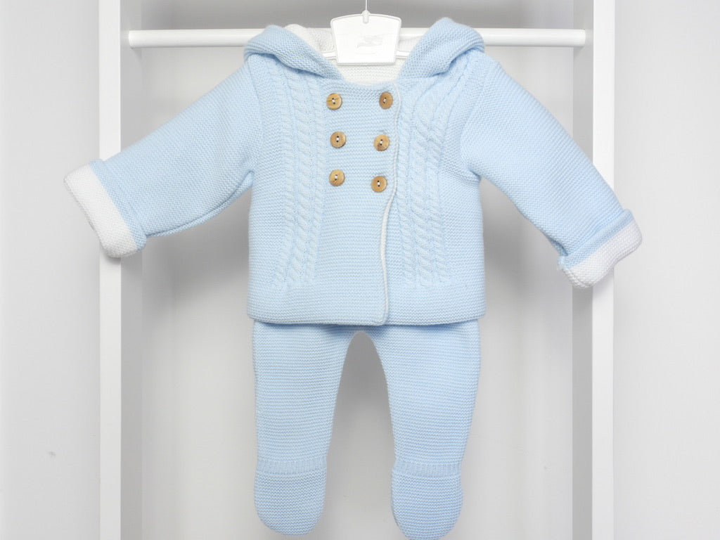 DOUBLE KNIT HOODED CARDIGAN AND TROUSER SET BLUE