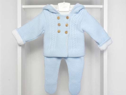 DOUBLE KNIT HOODED CARDIGAN AND TROUSER SET BLUE