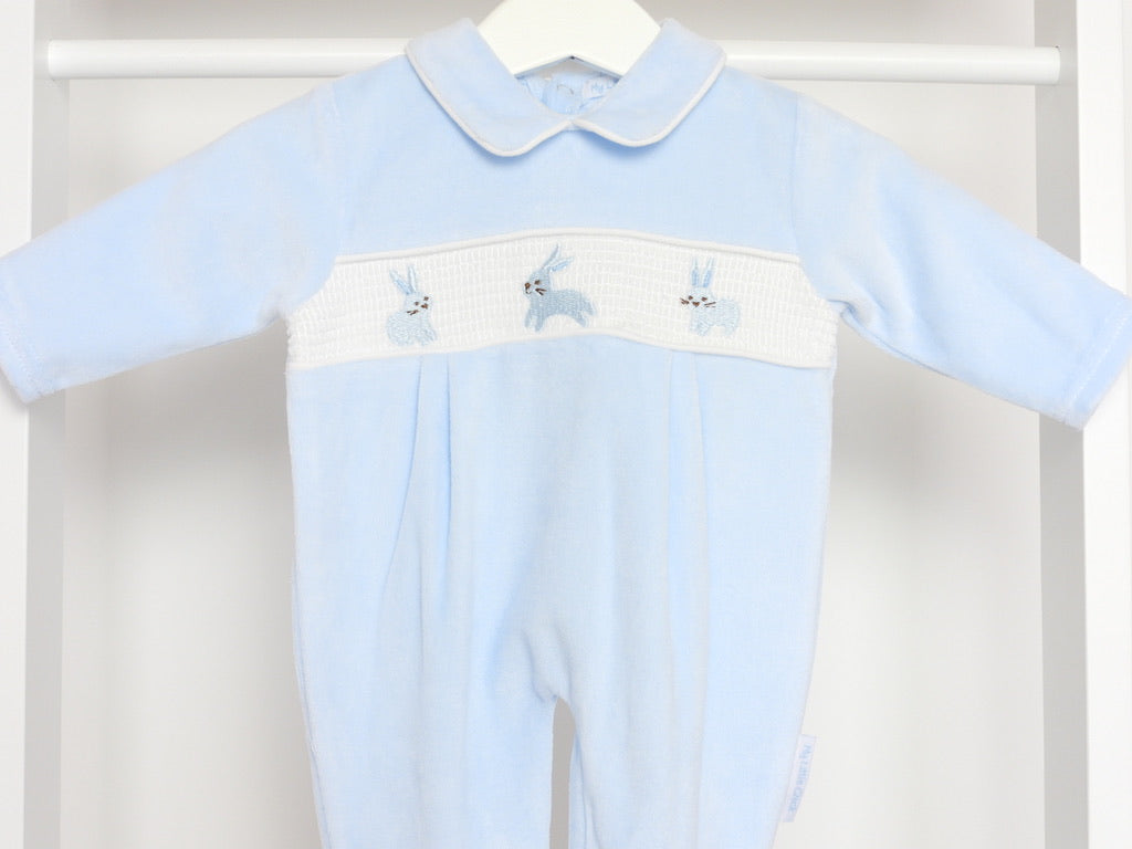 BLUE BUNNY VELOUR SLEEPSUIT