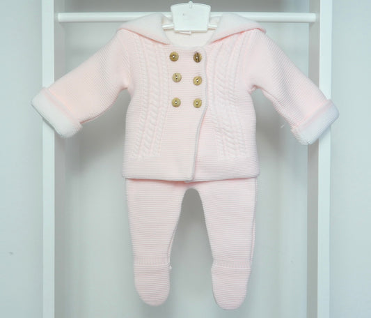 DOUBLE KNIT HOODED CARDIGAN AND TROUSER SET PINK