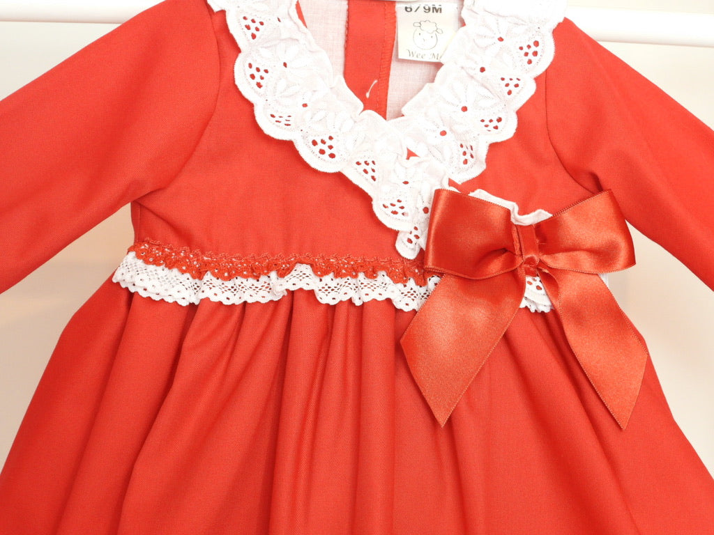 RED COTTON LACE PUFF DRESS AND PANTS