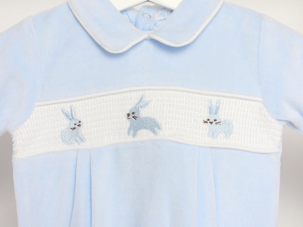 BLUE BUNNY VELOUR SLEEPSUIT