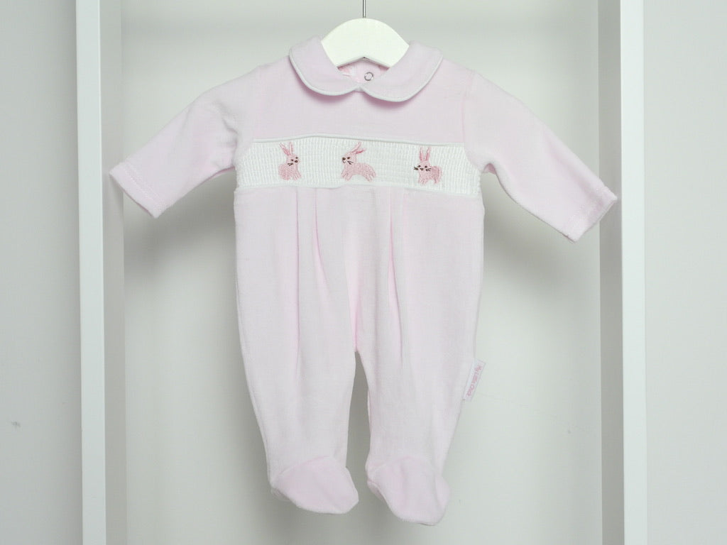 PINK BUNNY VELOUR SLEEPSUIT