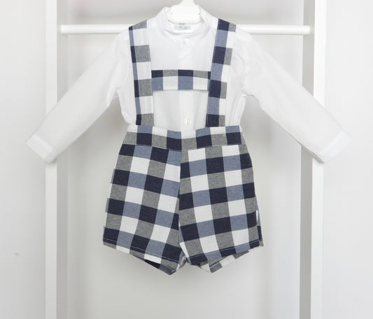 NAVY CHECKED DUNGAREE SHIRT SET