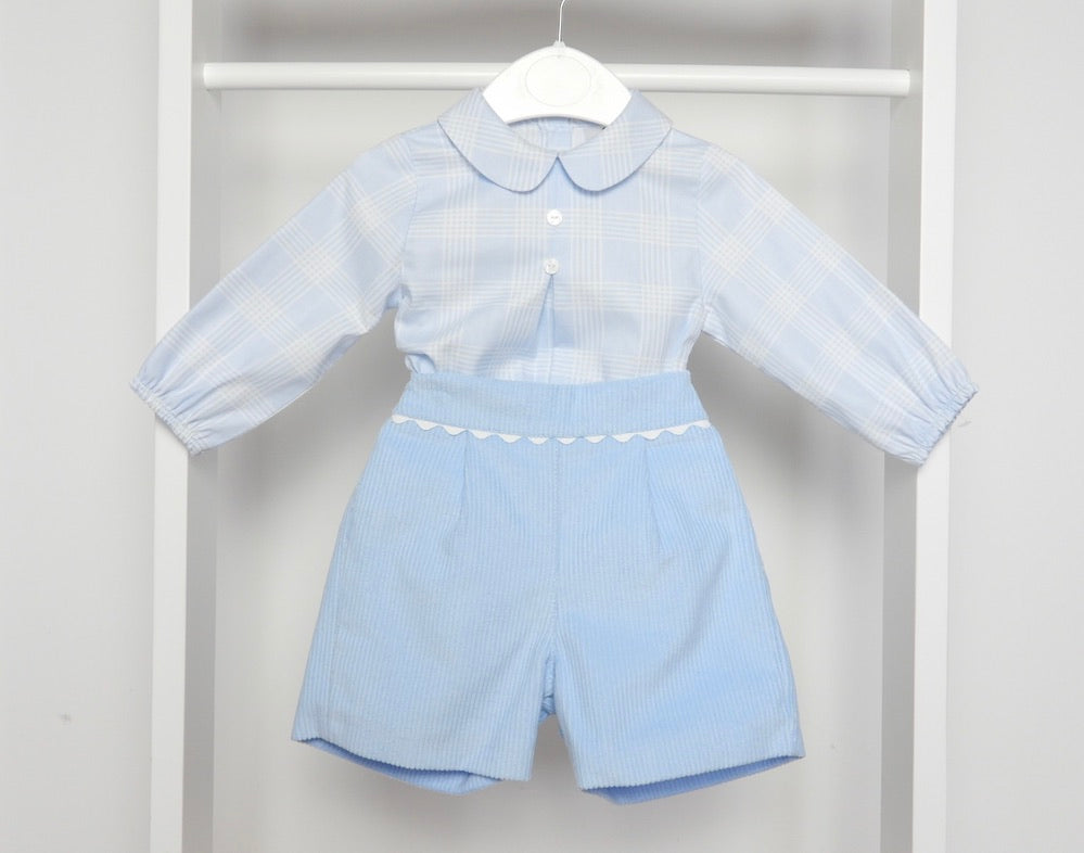 BLUE LONG SLEEVE CHECKED SHIRT AND CORD SHORTS