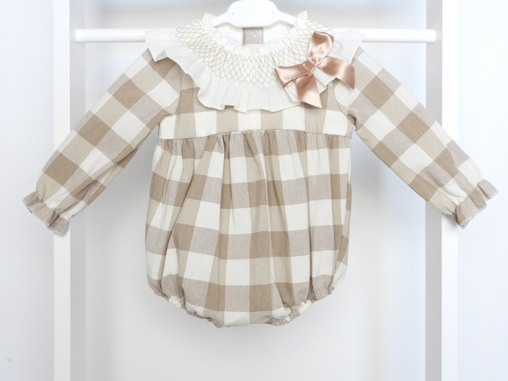 CAMEL CHECKED FRILLY COLLAR ROMPER