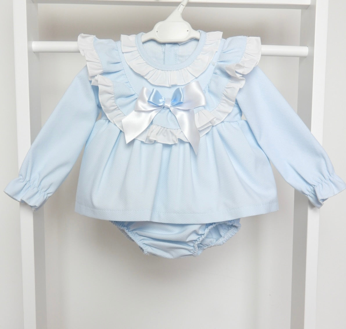 BLUE LONG SLEEVED FRILLY DRESS