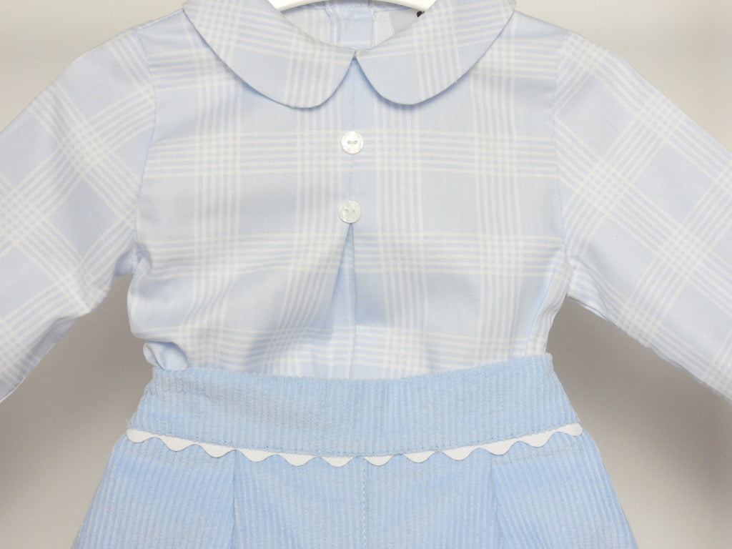 BLUE LONG SLEEVE CHECKED SHIRT AND CORD SHORTS