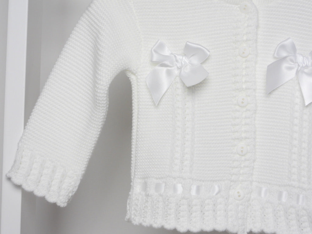 WHITE DOUBLE KNIT CARDIGAN WITH SATIN BOWS