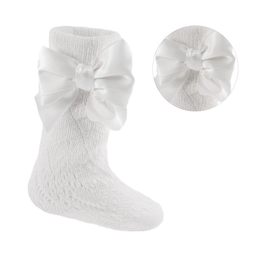 White pereline bow knee highs