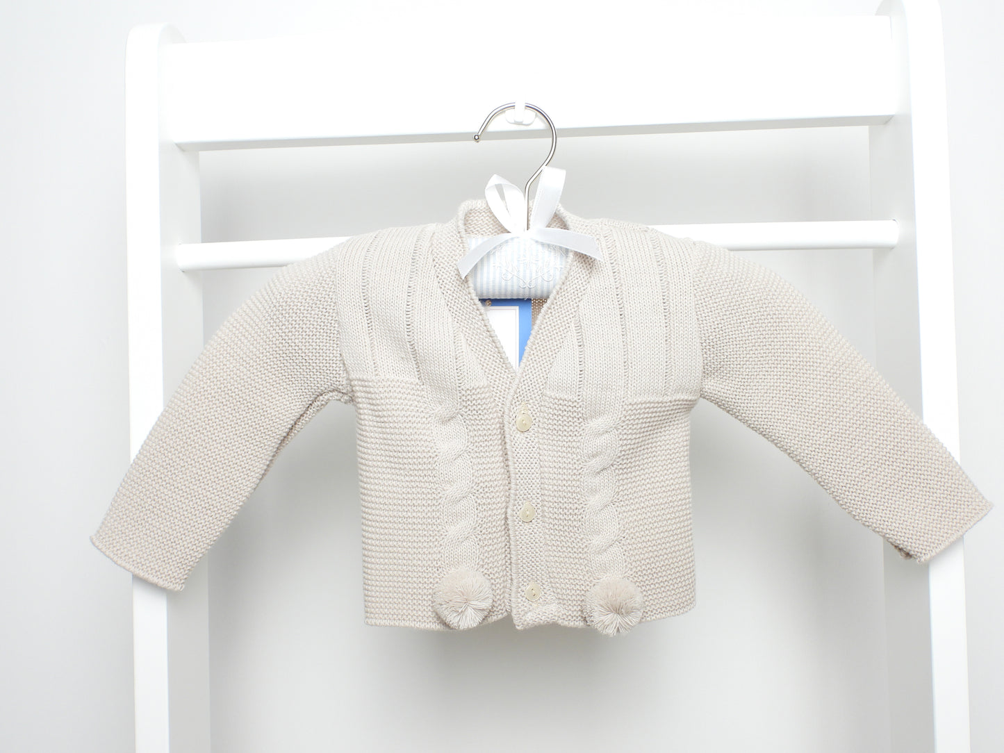 NATURAL KNITTED CARDIGAN WITH POM POM