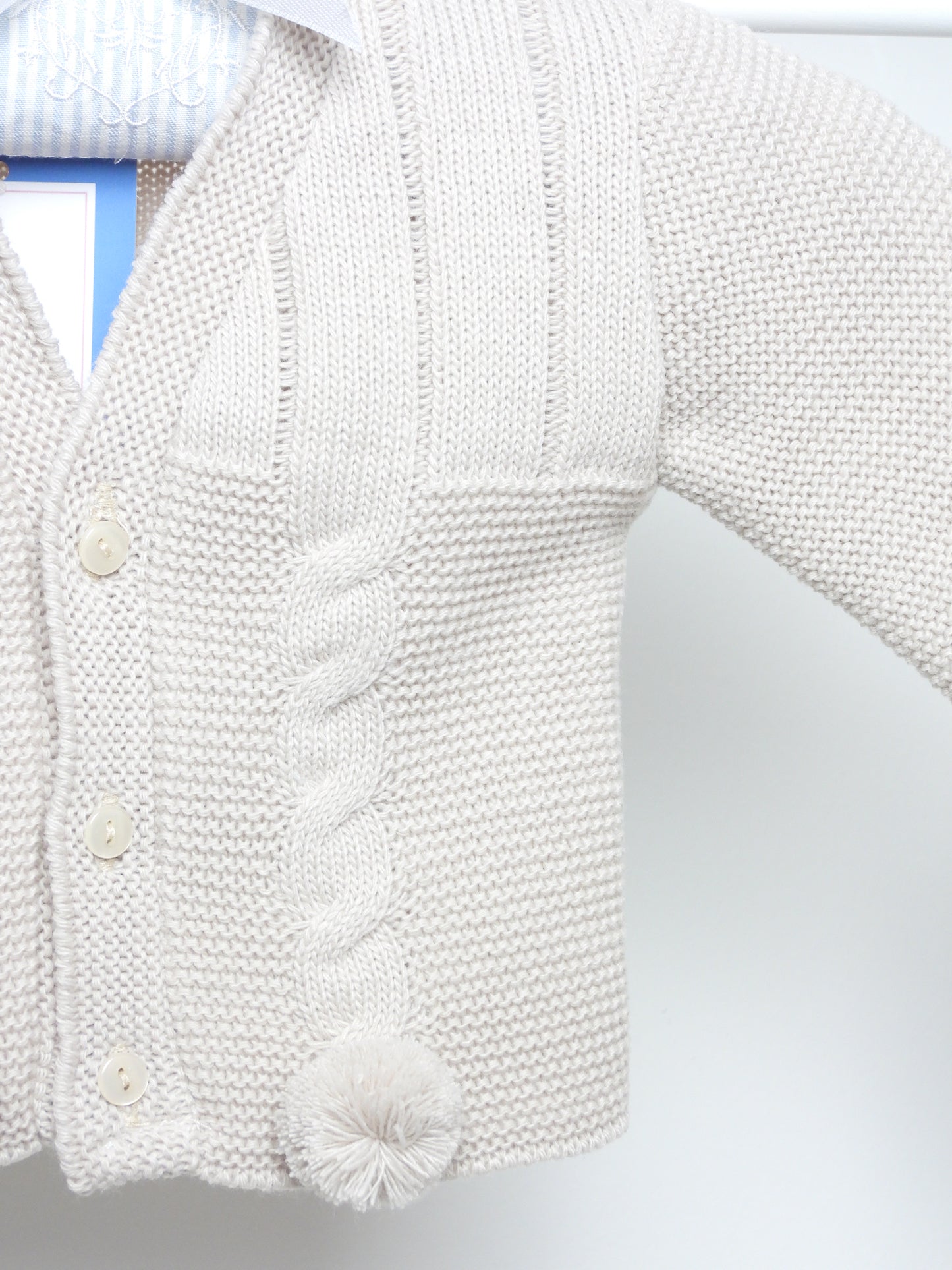 NATURAL KNITTED CARDIGAN WITH POM POM