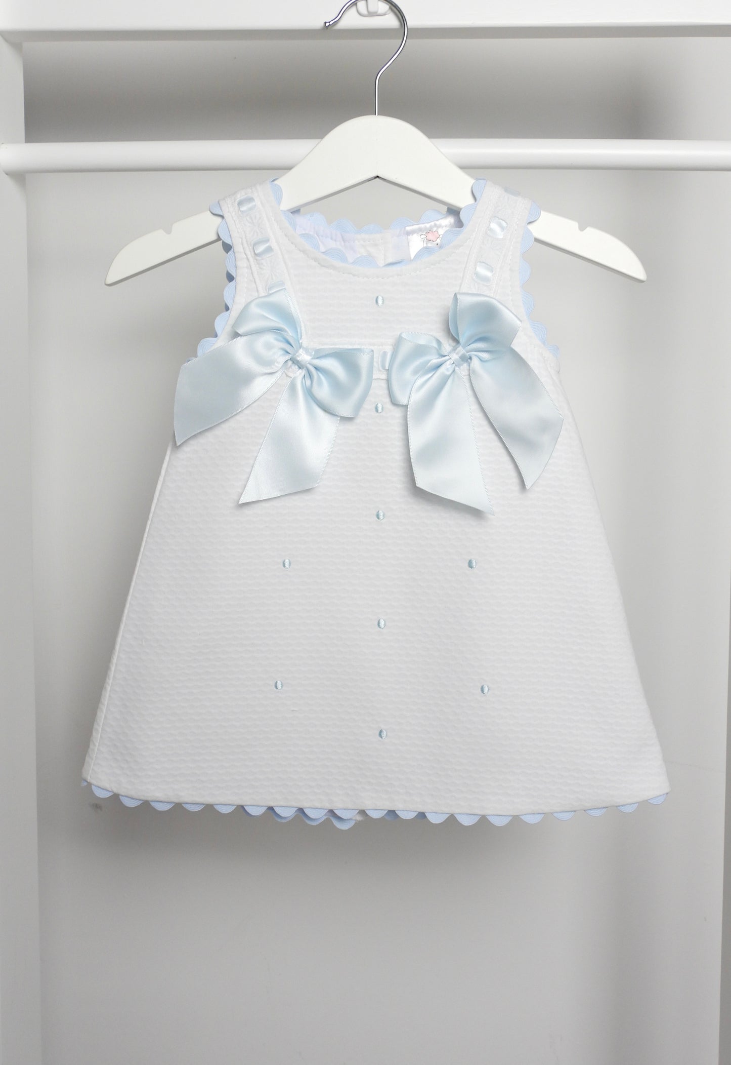 White and Blue Scalloped  Dress with Bow