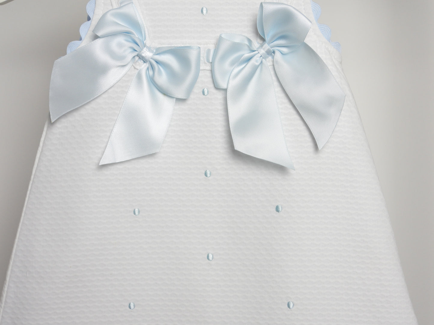 White and Blue Scalloped  Dress with Bow