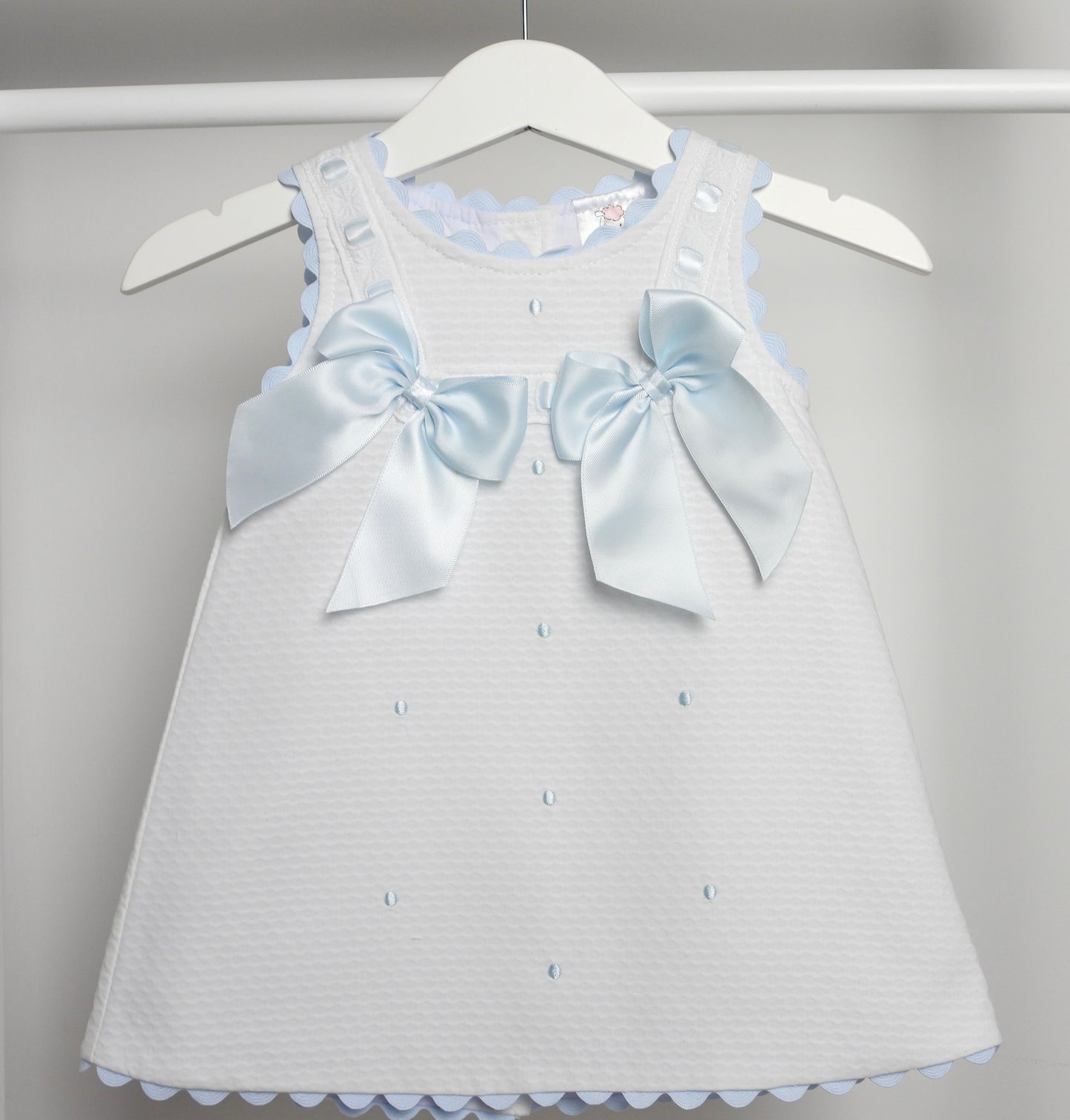 White and Blue Scalloped  Dress with Bow