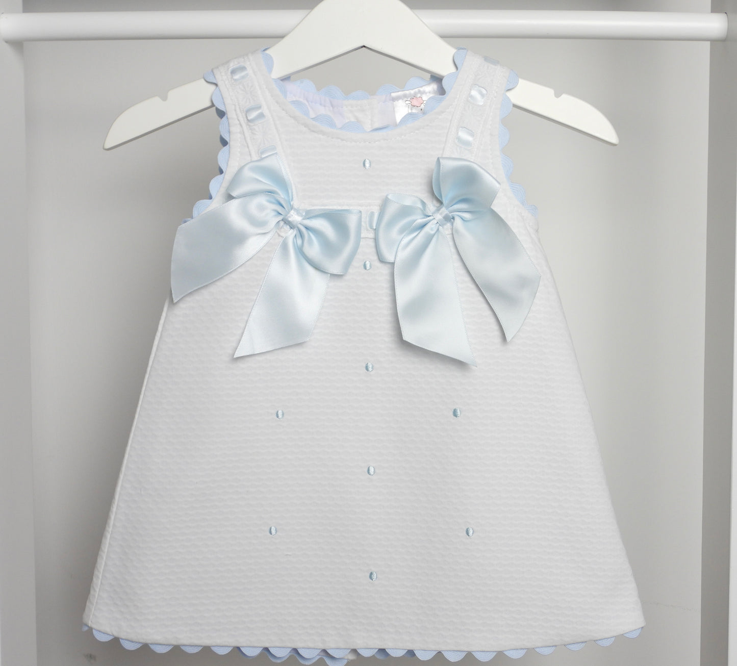 White and Blue Scalloped  Dress with Bow