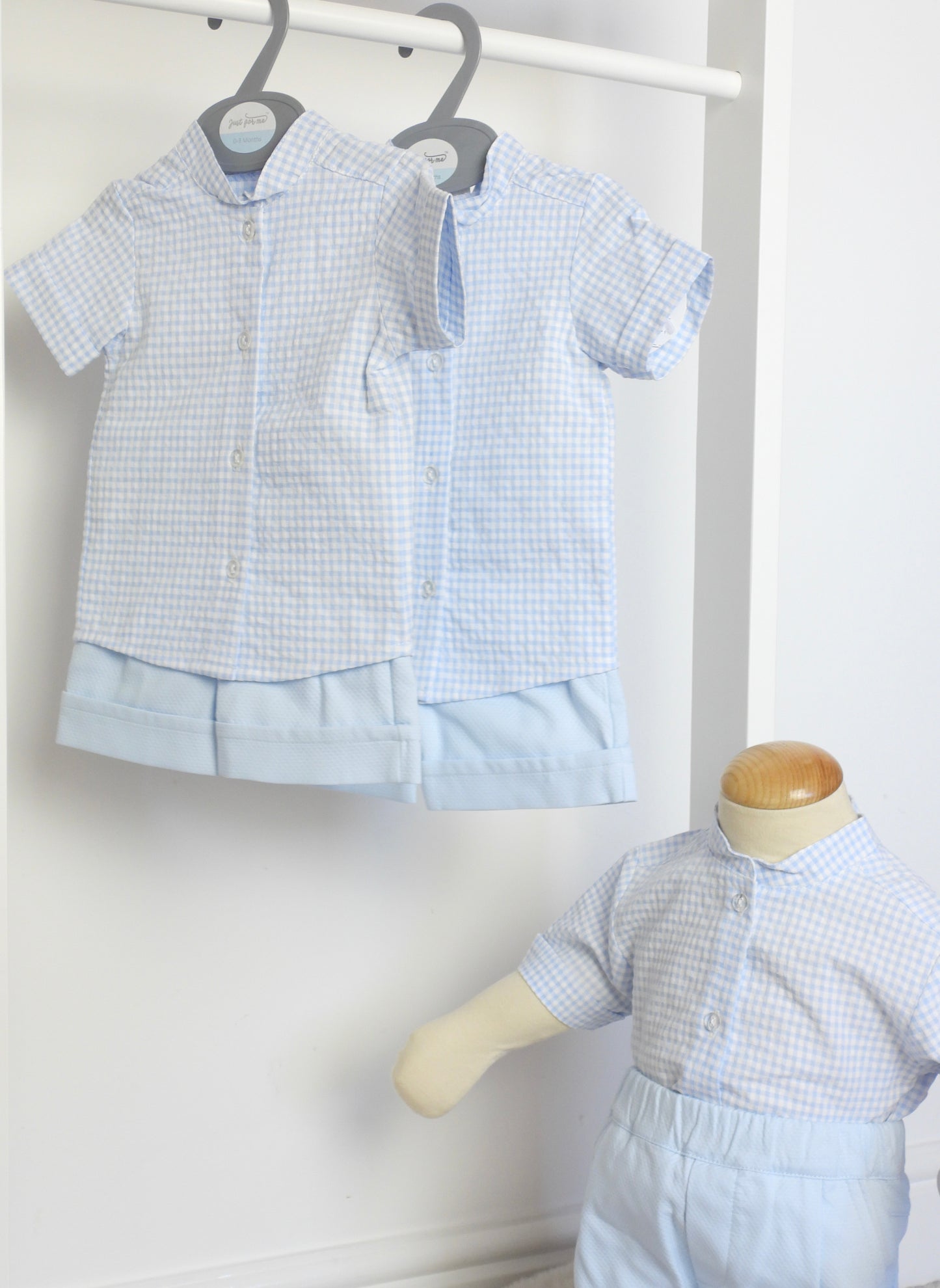 BLUE GINGHAM SHIRT AND SHORTS