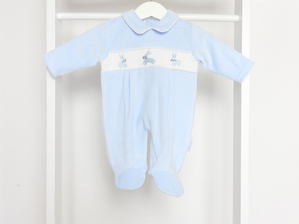 BLUE BUNNY VELOUR SLEEPSUIT