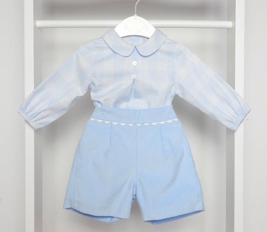 BLUE LONG SLEEVE CHECKED SHIRT AND CORD SHORTS