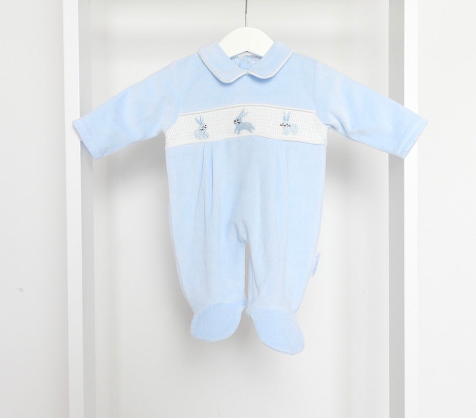 BLUE BUNNY VELOUR SLEEPSUIT