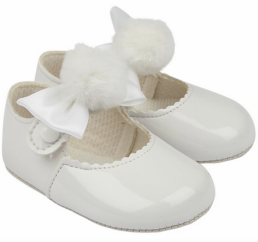 WHITE PATENT POM SHOES