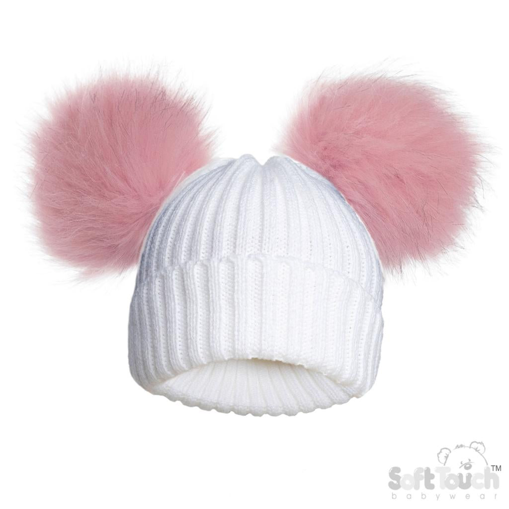 WHITE AND PINK DOUBLE POM HAT