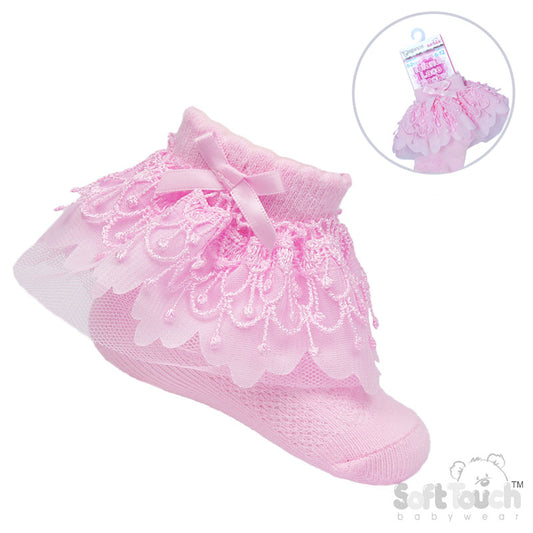 PINK FRILLY BEADED LACE SOCKS