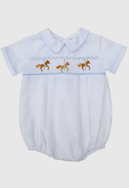 WHITE CAROUSEL SMOCKED CREEPER ROMPER