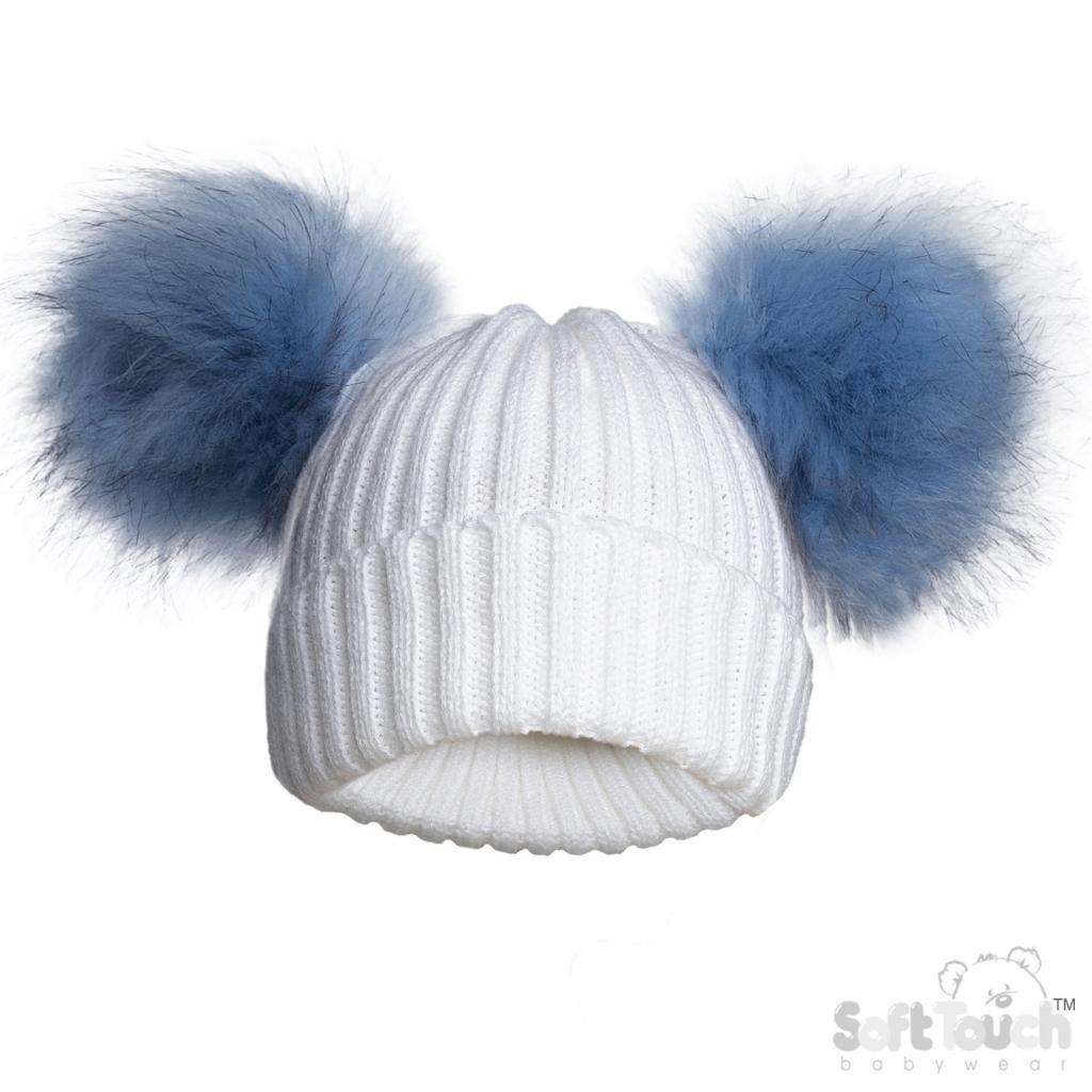 WHITE AND BLUE DOUBLE POM HAT