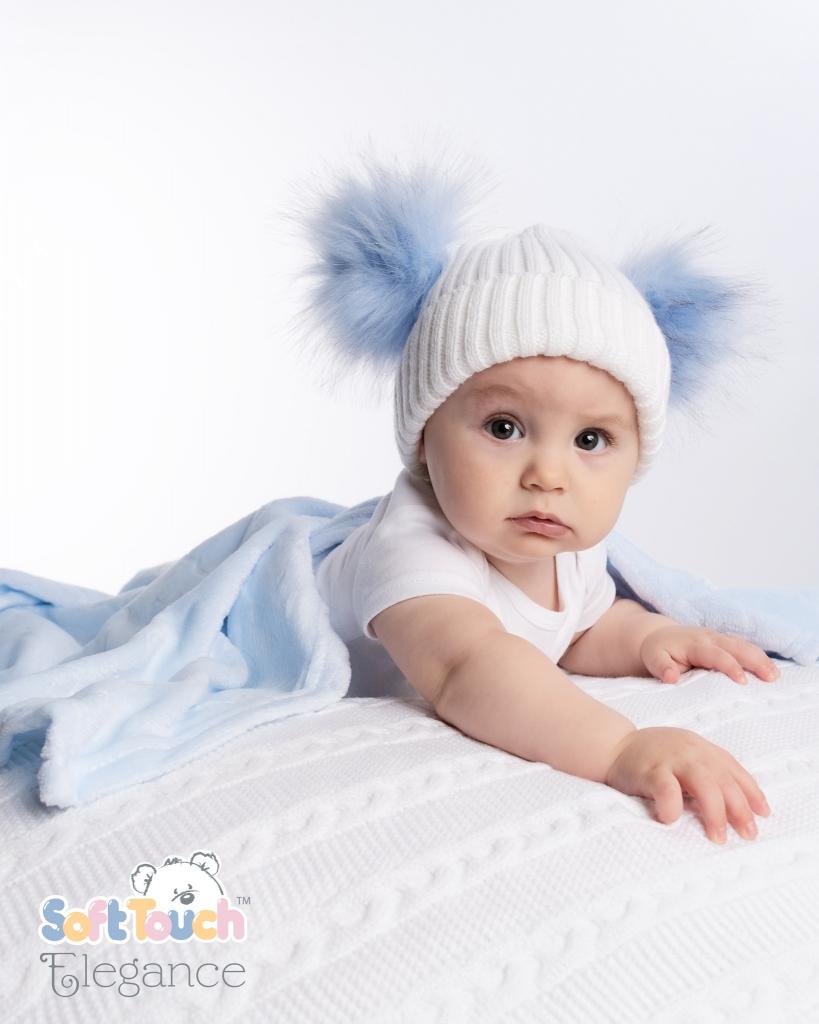 WHITE AND BLUE DOUBLE POM HAT