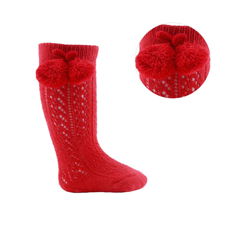 RED PERELINE POM KNEE HIGHS