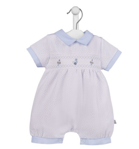 WHITE/SKY SMOCKED TOY ROMPER